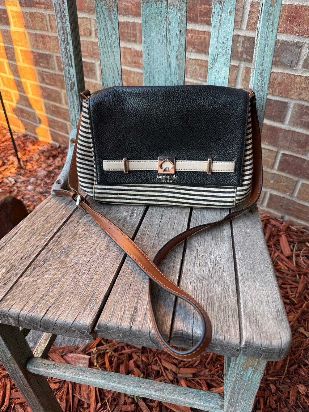 kate spade Black and Cream Striped Pebbled Leather Crossbody